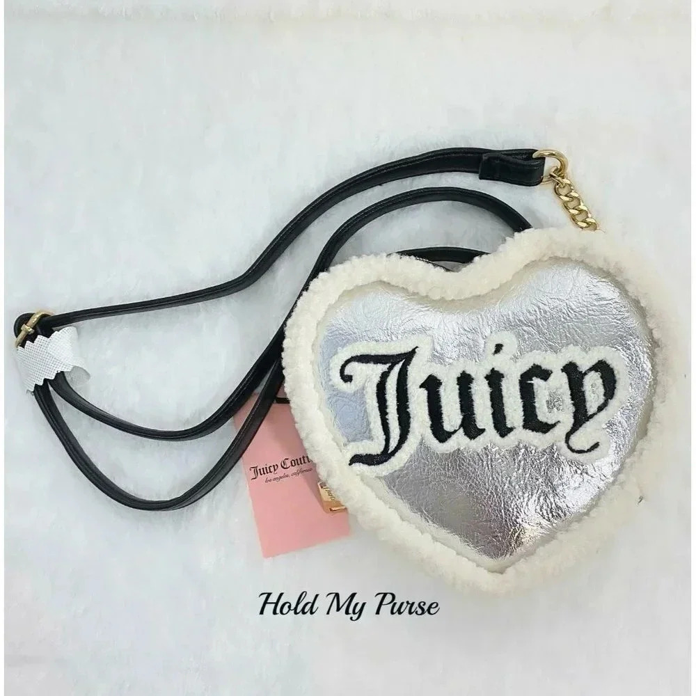 Juicy Couture Silver Black Shear Genius Iridescent Metallic Heart Shape Bag NWT - Picture 6 of 9